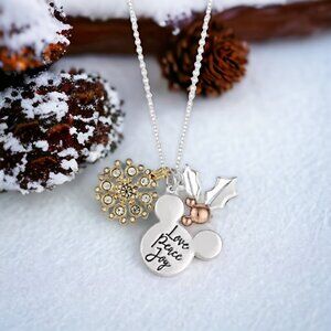 DISNEY Tri-Tone "Love, Peace, Joy" Holiday Crystal Charm Necklace